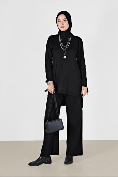 Alvina Lace-up Sleeves Knitwear Double Trousers Set - 42032