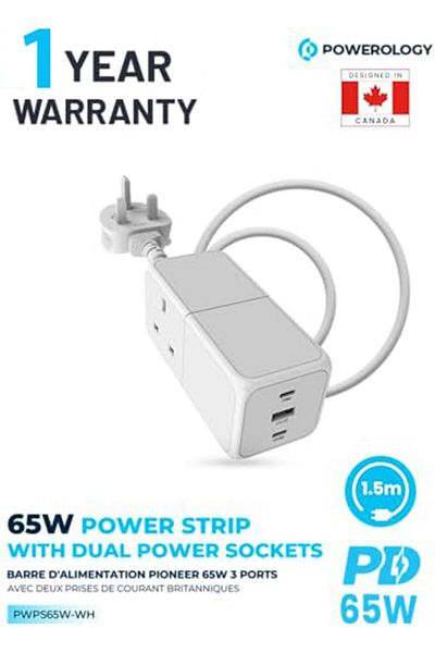 Powerology 65W Power Strip With Dual Power Sockets