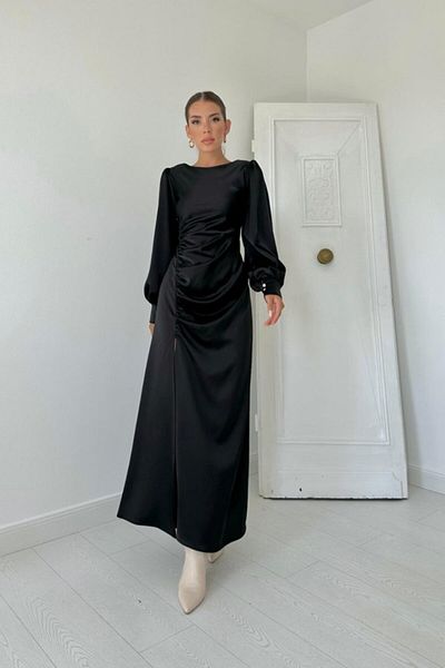 Miracle Omni Black Side Gathered Slit Satin Dress