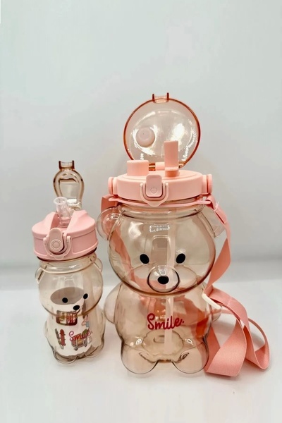 Rosemor 2'li  Smile Şeffaf Ayıcık Su Matarası 1000+400ml Çocuk Su Şişesi Pipe...