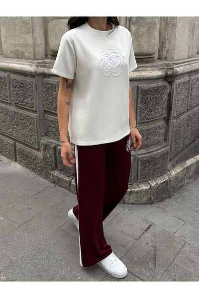sportiness Rose Embroidered Garnish Strip Detail Modal Fabric Tracksuit Set
