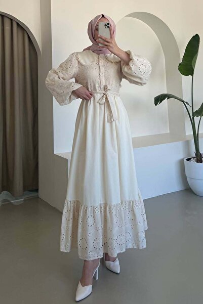 giyze Brode Detaylı Bebe Yaka Elbise Krem 1003-1