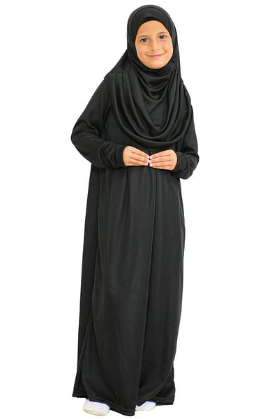 Modish Group Two Pieces Kids Prayer Dress Set Suit with Scarf, Islamic Clothing Suit for Girls - Black