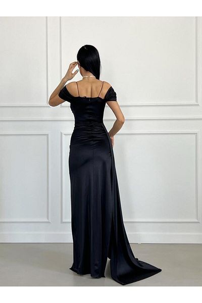 Mekafashion Βραδινό φόρεμα με γιακά με σχισμή με πέτρινο γιακά 582553 ΜΑΥΡΟ
