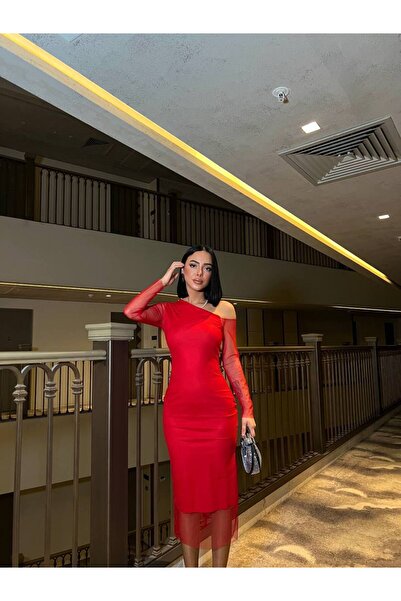 Trendusfashion One Shoulder Long Sleeve Midi Dress with Chiffon Detail - Elegant Evening Dress