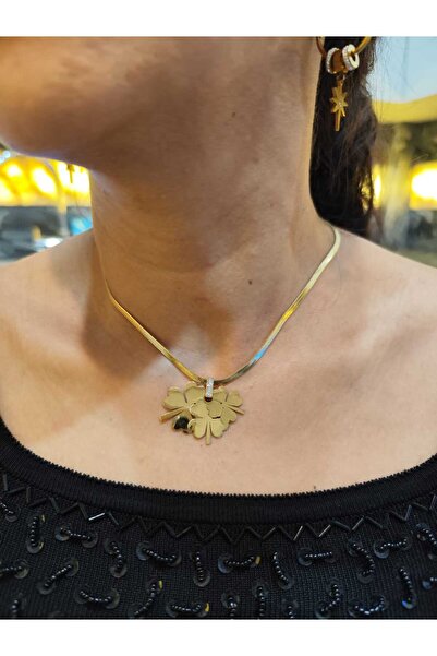 İnci İtalyan zincirli 3 yoncalı altın kaplama çelik kolye