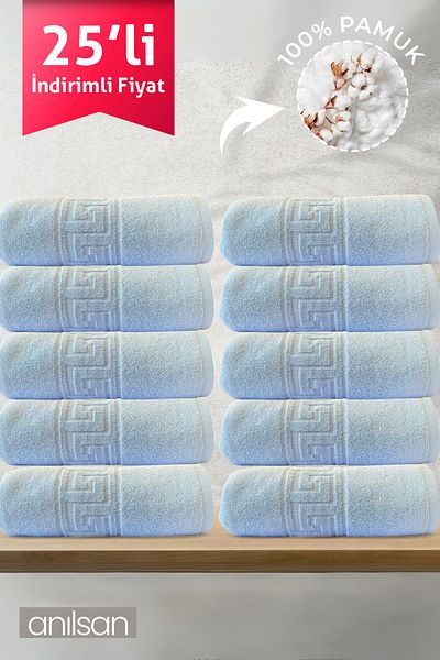 Anılsan Pachet de 25 prosoape de mână grecești albastre - 50x90 cm, 225gr, 100% bumbac, prosoape spa și hotel, potrivite pentru utilizare zilnică