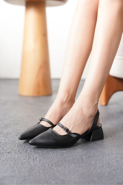 MODAADAM Kadın Juan Tokalı Kısa Topuklu Ayakkabı - siyah-deri