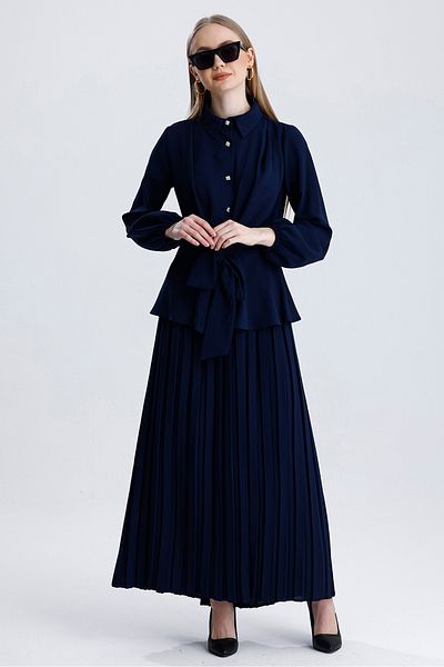 MD trend Women's Pleated Skirt and Skirt Flounce Tie-Up Shirt Blouse Double Set