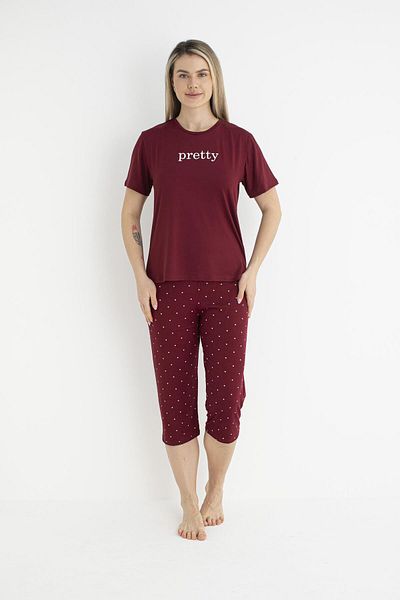 Estiva Burgundy Women's Summer Soft Pajama Set Short Sleeve Capri Polka Dot
