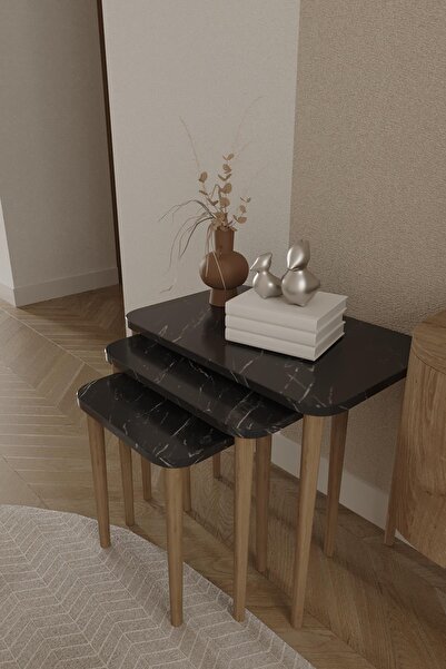 woodaria Dikdörtgen Zigon Sehpa 3'lü Set – Ahşap Ayaklı Modern Tasarım