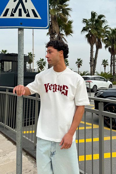 Flaw Wear Vegas Stone Embroidered Ecru Oversize T-Shirt