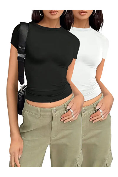 Marjill طقم تي شيرت قصير الأكمام من الليكرا باللونين الأبيض والأسود مكون من ق...