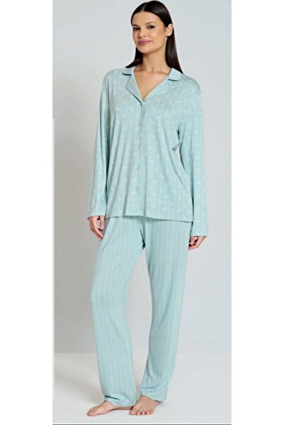 Pijadore Uzun Kollu Pamuklu Önden Düğmeli Kadın Pijama Takımı