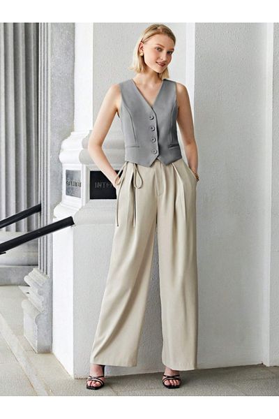 thefun fashion Women's Smoke Gray V-Neck Closure Lined Stylish Ayrobin Buttoned Fleto Pocket Vest