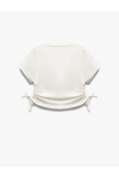 Koton Cotton Stone Printed Short Sleeve Crop T-Shirt with Drawstring Detail