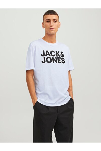 Jack & Jones Tričko JJECORP s velkým logem, bílé, s kulatým výstřihem