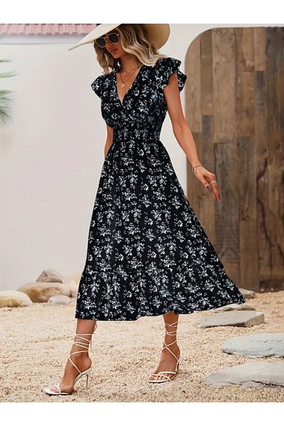 COTTONLAB Women Short Sleeve Double Breasted Collar Elastic Waist Flower Print Dress