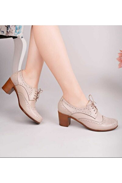 Deri Diyarı Hakiki Deri Kadın BEJ Günlük Topuklu Ayakkabı