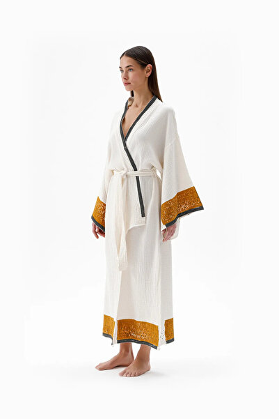 CAN ÇAPAR Κιμονό Crinkle Mustard με τύπωμα