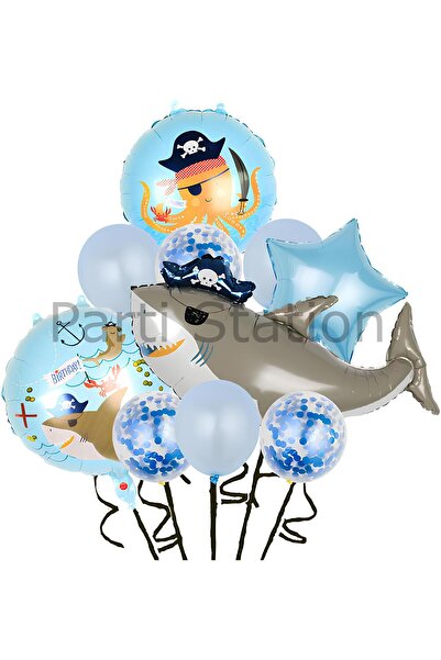 Parti Station Korsan Köpek Balığı Konsept Balon Set Korsan Shark Tema Doğum G...