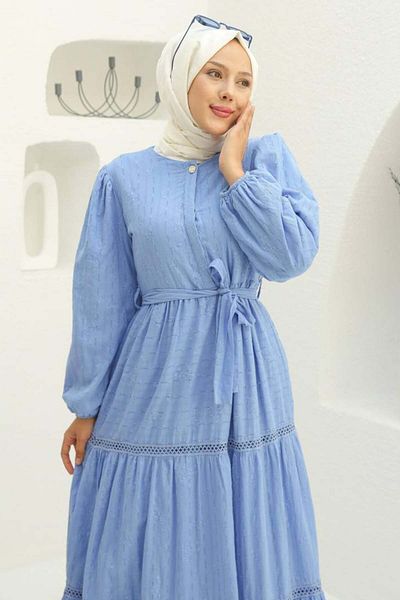 benguen Rochie hijab cu model în relief albastru (1002-1)