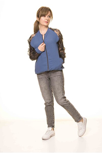 sharin Kadın Mavi Siyah Tarz Tül Kol Spor Ince Mont A1-3080