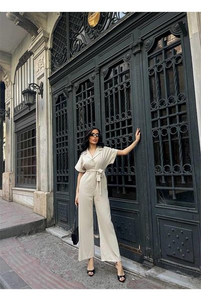 modaserdem Linen jumpsuit with waist tie detail - cream
