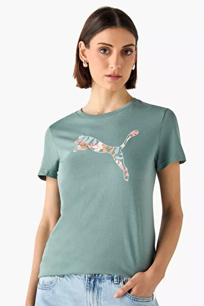 Puma Graphics Floral Cat Logo Yeşil Kadın Tişört 68508130