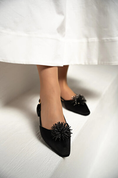 LAMİNTA Riva Black Satin Stone Tasseled Women's Ballerinas