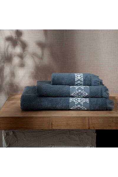 Green Black Set de prosoape Hereke din 3 piese, 100% bumbac, jacquard, albastru închis cu bordură crem