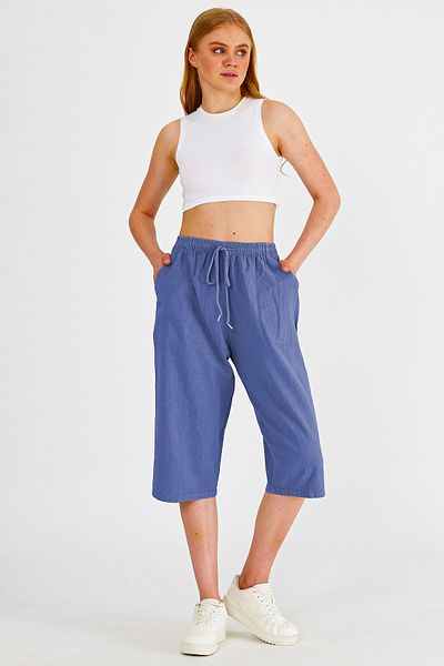 Dechers Women's Large Size High Waist Linen Look 100% Cotton Capri W203