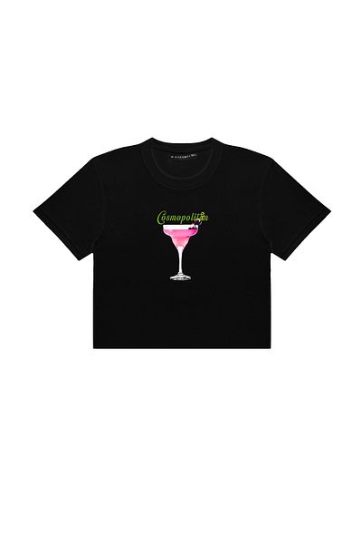 Sekizbiraltı Crop Top negru - Imprimat Cosmopolitan