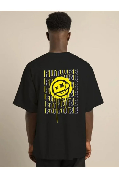 REKA MODA Unisex Crew Neck Printed Oversize T-Shirt - Black