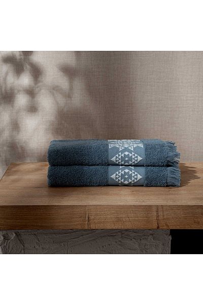 Green Black Hereke Set de 2 prosoape de mână pentru față 100% bumbac jacquard albastru închis 50x80 cm