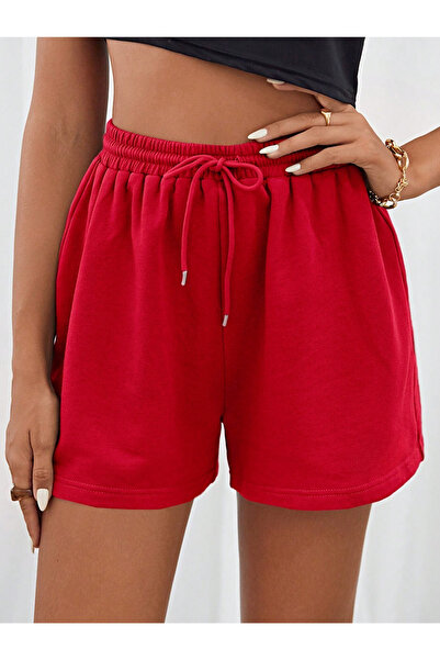 NAKRUF Kadın Kırmızı Düz Regular Penye Şort