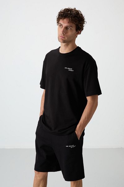 AIR JONES Ανδρικό Σετ Κεντημένο Σορτς Oversize - Μαύρο Βαμβακερό, Χοντρή Απαλή Υφή - 85250