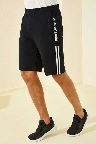 TOMMY LIFE Ανδρικό σορτς Navy Blue - Πλαϊνή ρίγα και στάμπα με γράμματα, Standard Fit - 81145