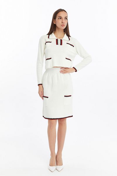 CNR TEKSTİL Collar and Pocket Patterned Short Sweater Skirt Suit