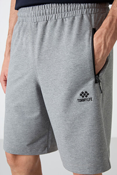 TOMMY LIFE Gri Melanj Gizli Fermuar Arka Cepli Bağcıklı Standart Kalıp Erkek Şort - 81136