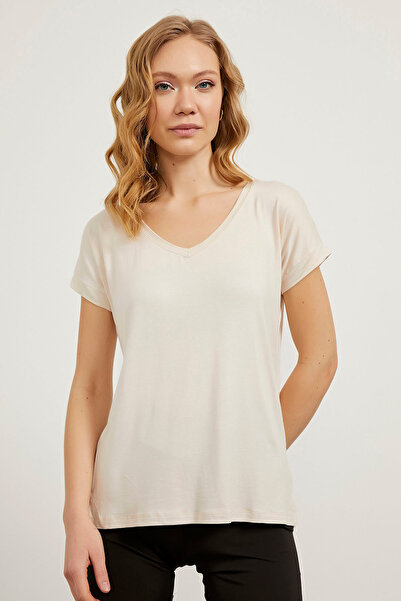 Arma Life Women's Loose V-Neck Short Sleeve Loose Viscose Stone T-Shirt