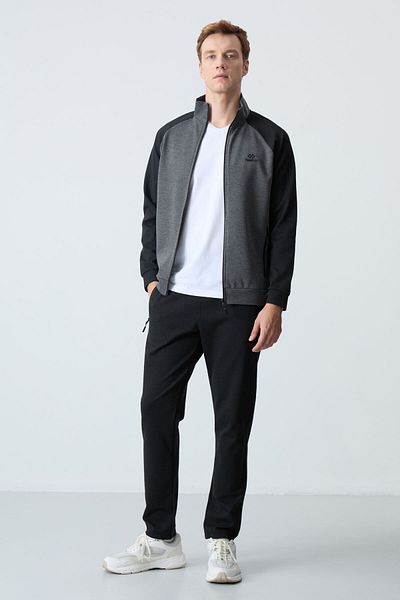 TOMMY LIFE Anthracite - Black Stand Collar Double Color Pohodlná forma Classic Leg Pánská tepláková souprava - 85113