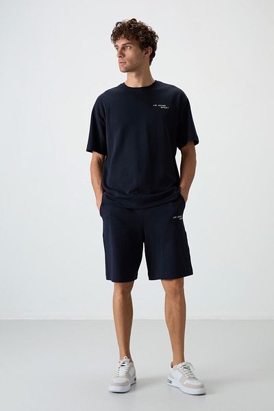 AIR JONES Ανδρικό σορτς Navy Blue με λεπτομέρεια κεντήματος - Βαμβακερό, απαλή υφή, υπερμεγέθη εφαρμογή - 85250