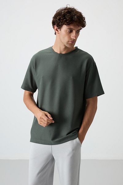 AIR JONES Ανδρικό μπλουζάκι Khaki Waffle Interlock Surface Texture Oversize Fit Basic - 88379