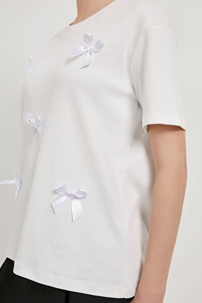 Arma Life Women's Bow Short Sleeve Basic Summer Ecru T-Shirt