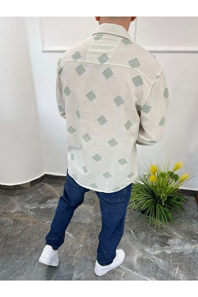 NOMARC Πράσινο μοτίβο Oversize Κρεμ λινό πουκάμισο
