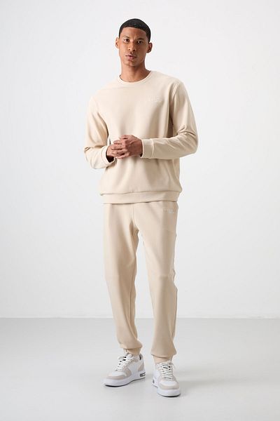 AIR JONES Μπεζ βαμβακερή χοντρή απαλή υφή Comfort Fit κεντημένη ανδρική φόρμα - 85254