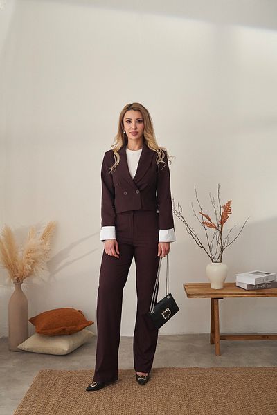 Rabia Çelik Women's Burgundy Sleeve Detailed Buttoned Blazer Jacket Pants 2 Piece Suit
