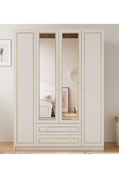 Rabi Gold Country Camlı 4 Kapak 2 Çekmeceli Gardırop