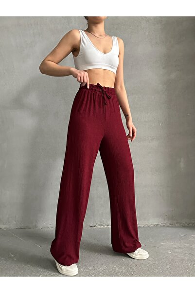 BEJNA Damskie bordowe spodnie palazzo z elastyczną talią